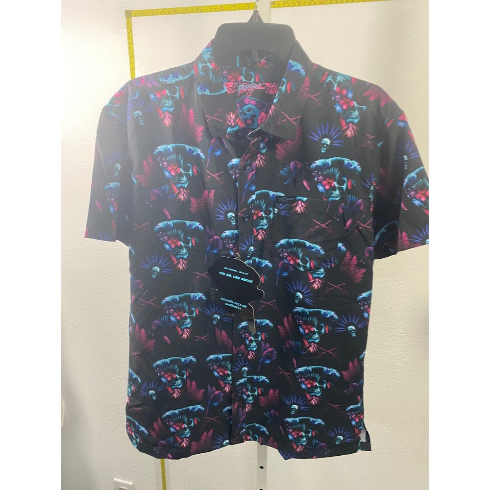 Retro Rifle Blackbeard Mens Short Sleeve Button Down Shirt Neon Skull Floral NEW